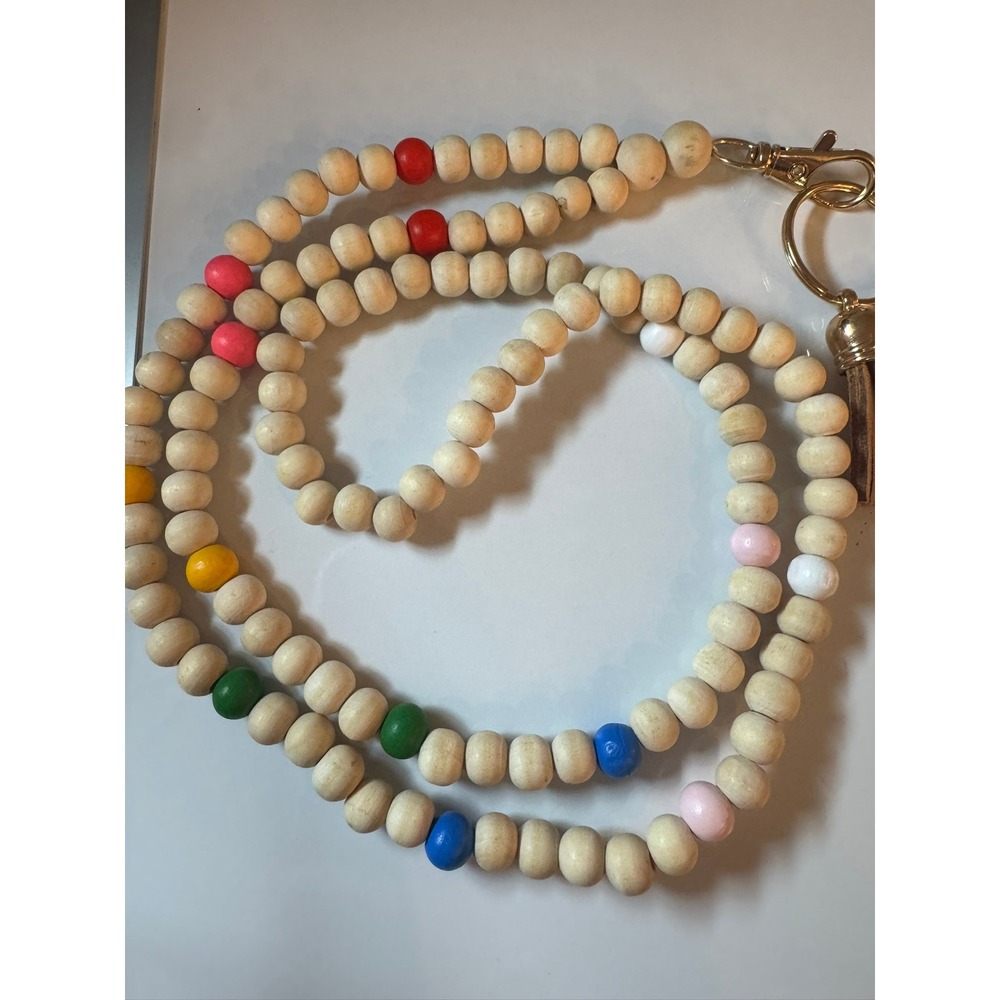 Natural Wood Beaded Lanyard Keychain with Colorful Accents and Tassel Gold Tone